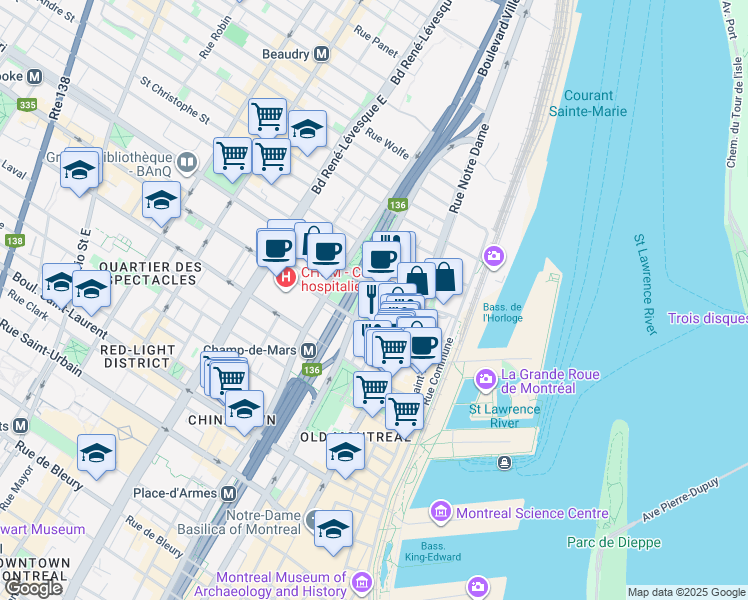 map of restaurants, bars, coffee shops, grocery stores, and more near 450 Rue Saint-Antoine Est in Montréal