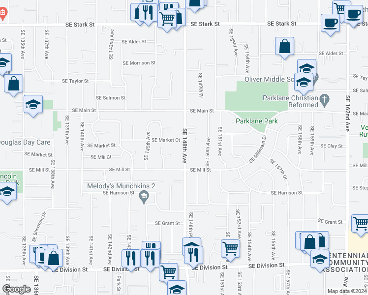 map of restaurants, bars, coffee shops, grocery stores, and more near 1633 Southeast 148th Avenue in Portland
