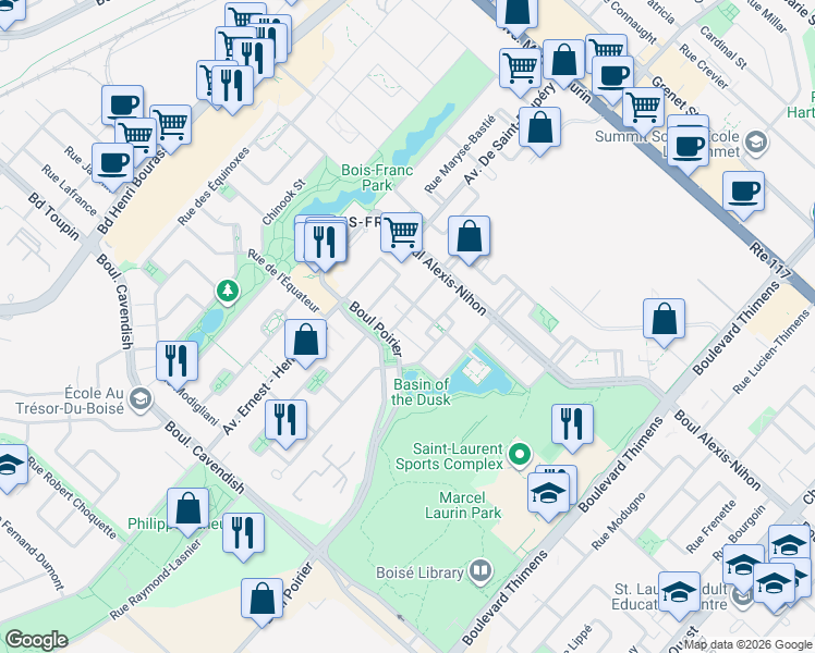 map of restaurants, bars, coffee shops, grocery stores, and more near 2450 Rue Charles-Darwin in Montréal