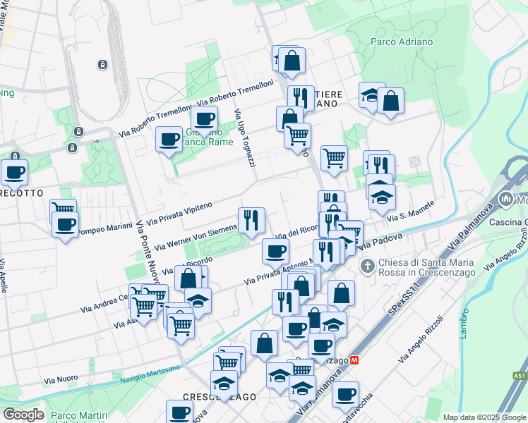 map of restaurants, bars, coffee shops, grocery stores, and more near 51 Via Giuseppe de Notaris in Milano