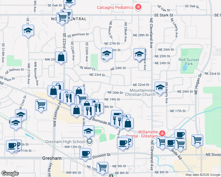 map of restaurants, bars, coffee shops, grocery stores, and more near 2055 Northeast Hood Avenue in Gresham