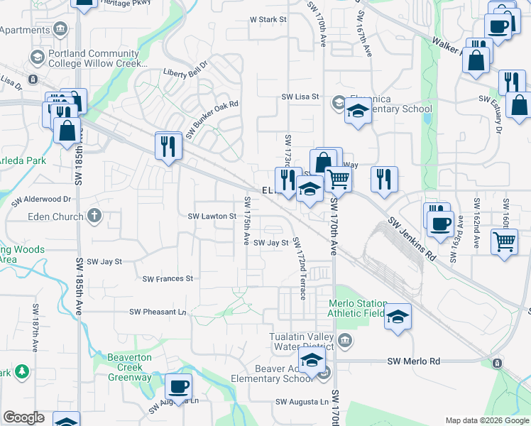 map of restaurants, bars, coffee shops, grocery stores, and more near 17389 Southwest Lawton Street in Beaverton
