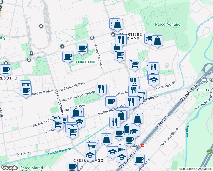 map of restaurants, bars, coffee shops, grocery stores, and more near 51 Via Giuseppe de Notaris in Milano