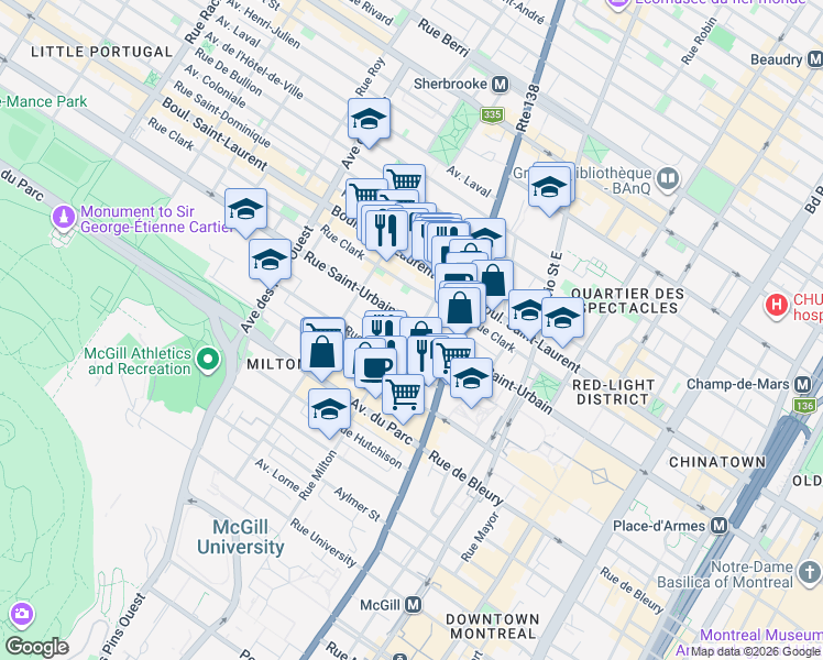 map of restaurants, bars, coffee shops, grocery stores, and more near 105 Rue Milton in Montréal