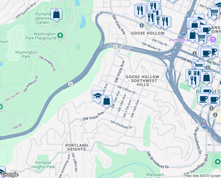 map of restaurants, bars, coffee shops, grocery stores, and more near 2133 Southwest Vista Avenue in Portland