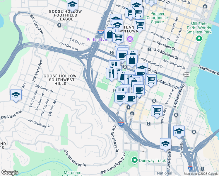 map of restaurants, bars, coffee shops, grocery stores, and more near 951 Southwest Hall Street in Portland