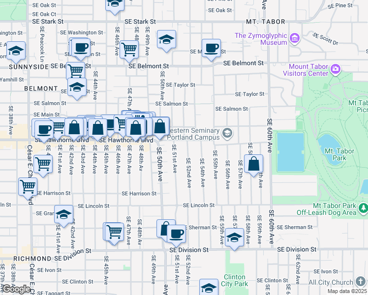 map of restaurants, bars, coffee shops, grocery stores, and more near 1535 Southeast 52nd Avenue in Portland