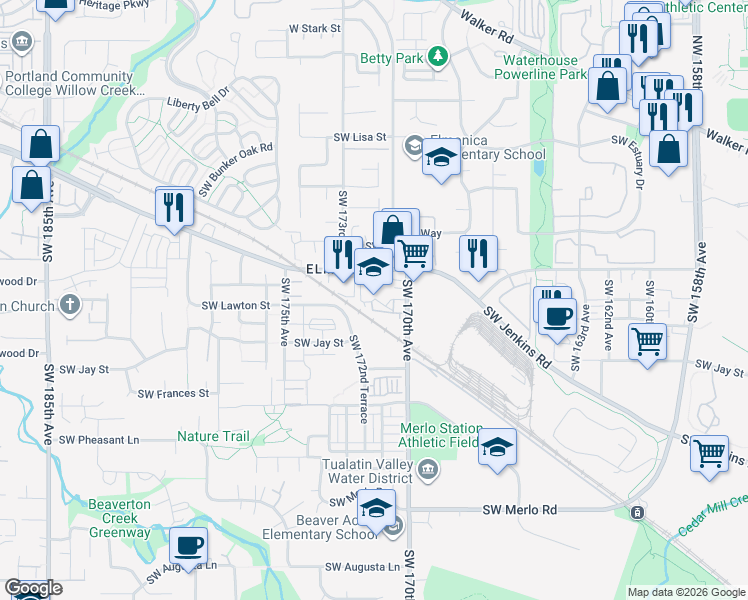 map of restaurants, bars, coffee shops, grocery stores, and more near 1111 Southwest 170th Avenue in Beaverton