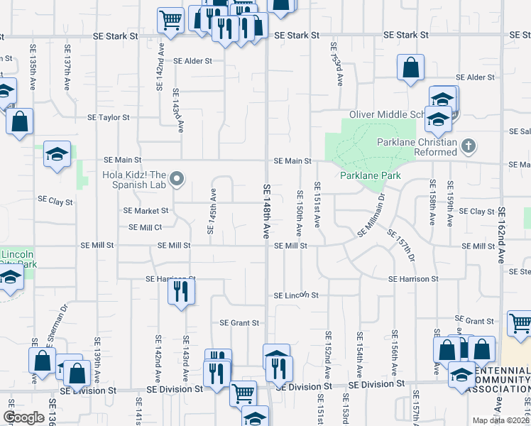 map of restaurants, bars, coffee shops, grocery stores, and more near 1633 Southeast 148th Avenue in Portland