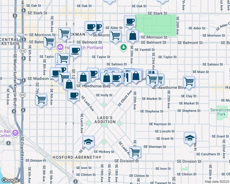map of restaurants, bars, coffee shops, grocery stores, and more near 1550 Southeast Poplar Avenue in Portland