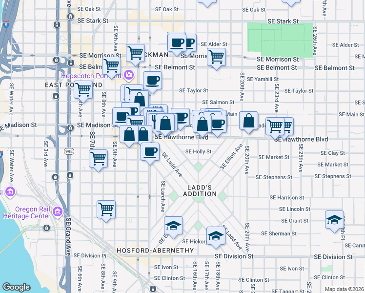 map of restaurants, bars, coffee shops, grocery stores, and more near 1517 Southeast Holly Street in Portland