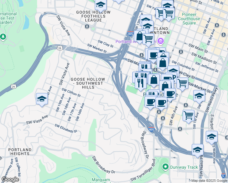 map of restaurants, bars, coffee shops, grocery stores, and more near 1225 Southwest College Street in Portland