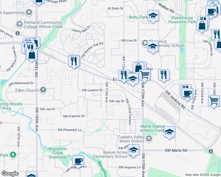 map of restaurants, bars, coffee shops, grocery stores, and more near 17389 Southwest Lawton Street in Beaverton