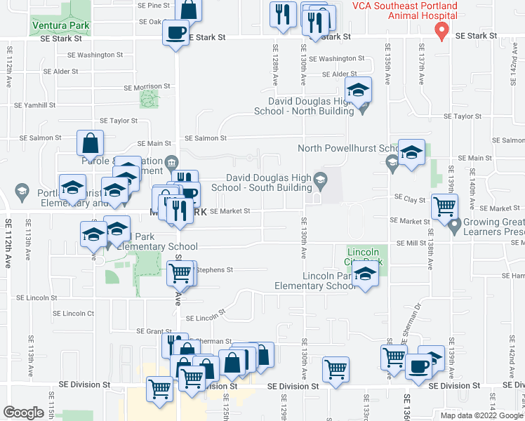 map of restaurants, bars, coffee shops, grocery stores, and more near Southeast Market Street & Southeast 127th Avenue in Portland