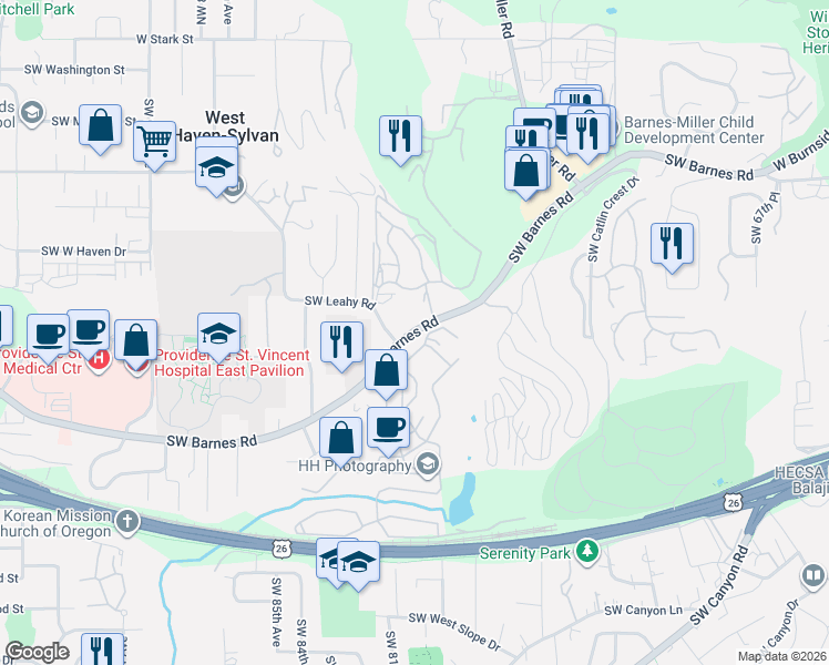 map of restaurants, bars, coffee shops, grocery stores, and more near 8150 Southwest Barnes Road in Portland