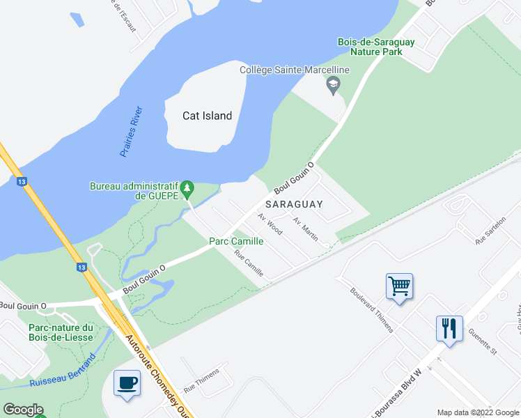 map of restaurants, bars, coffee shops, grocery stores, and more near 9280 Boulevard Gouin Ouest in Montréal