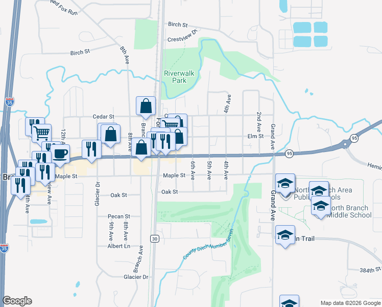 map of restaurants, bars, coffee shops, grocery stores, and more near 6460 Minnesota 95 in North Branch