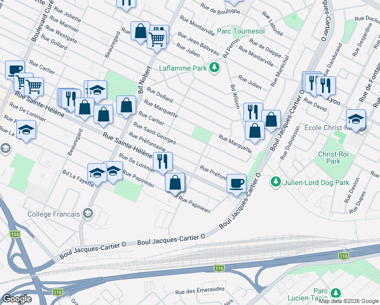 map of restaurants, bars, coffee shops, grocery stores, and more near 2588 Rue Saint-Georges in Longueuil