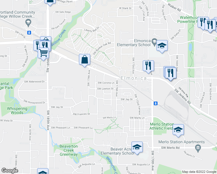 map of restaurants, bars, coffee shops, grocery stores, and more near 17675 Southwest Lawton Street in Beaverton