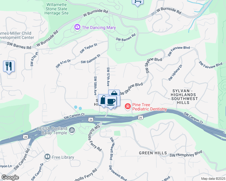 map of restaurants, bars, coffee shops, grocery stores, and more near 1530 Southwest 57th Avenue in Portland