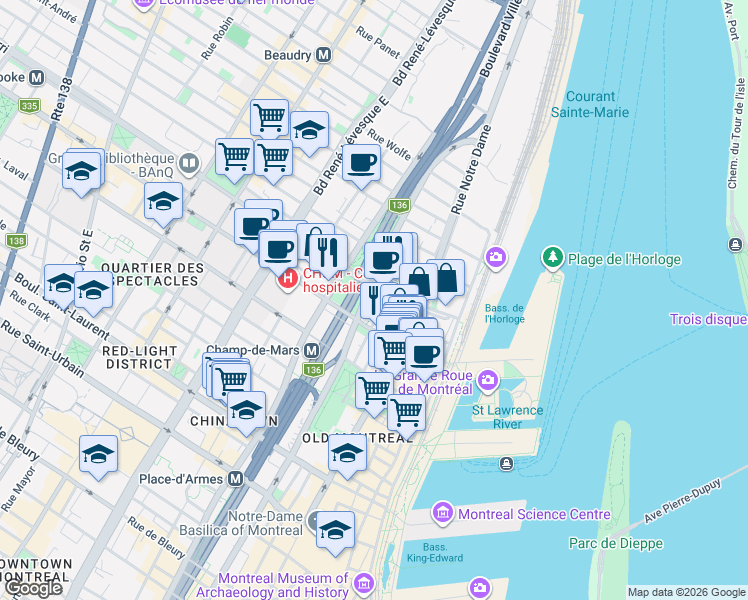 map of restaurants, bars, coffee shops, grocery stores, and more near 450 Rue Saint-Antoine Est in Montréal