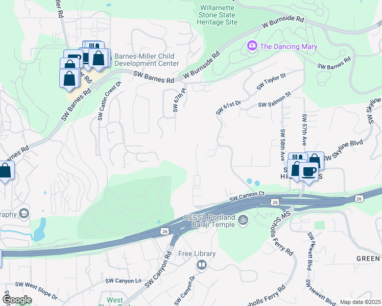 map of restaurants, bars, coffee shops, grocery stores, and more near 1105 Southwest 66th Avenue in Portland