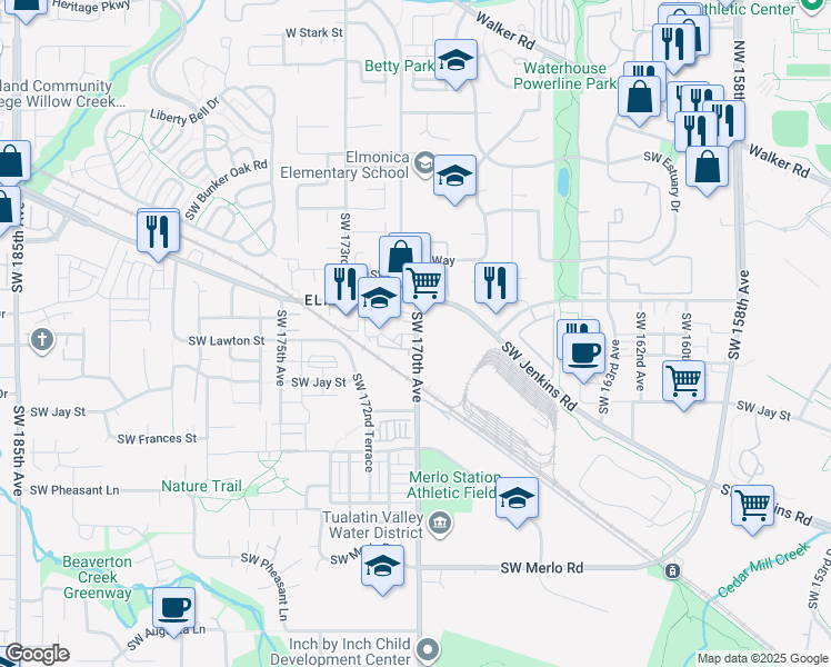 map of restaurants, bars, coffee shops, grocery stores, and more near 1010 Southwest 170th Avenue in Beaverton