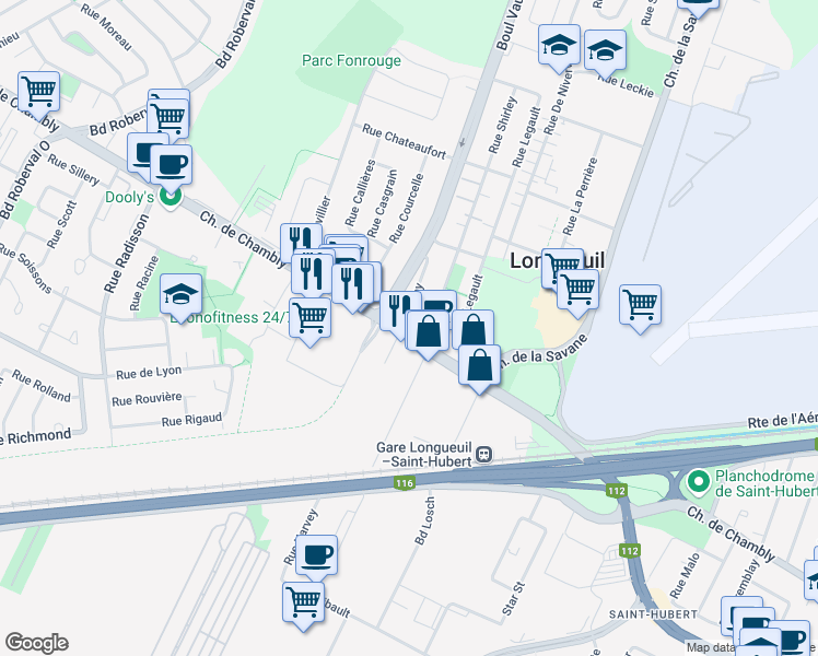 map of restaurants, bars, coffee shops, grocery stores, and more near 4075 Rue Roy in Longueuil