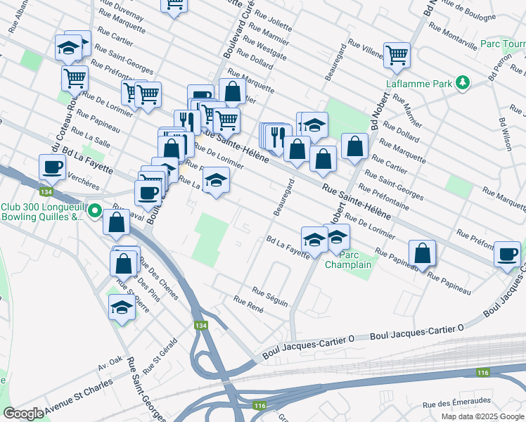 map of restaurants, bars, coffee shops, grocery stores, and more near 2149 Rue La Salle in Longueuil