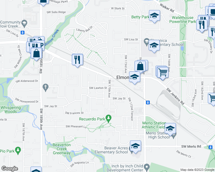 map of restaurants, bars, coffee shops, grocery stores, and more near 17533 Southwest Lawton Street in Beaverton