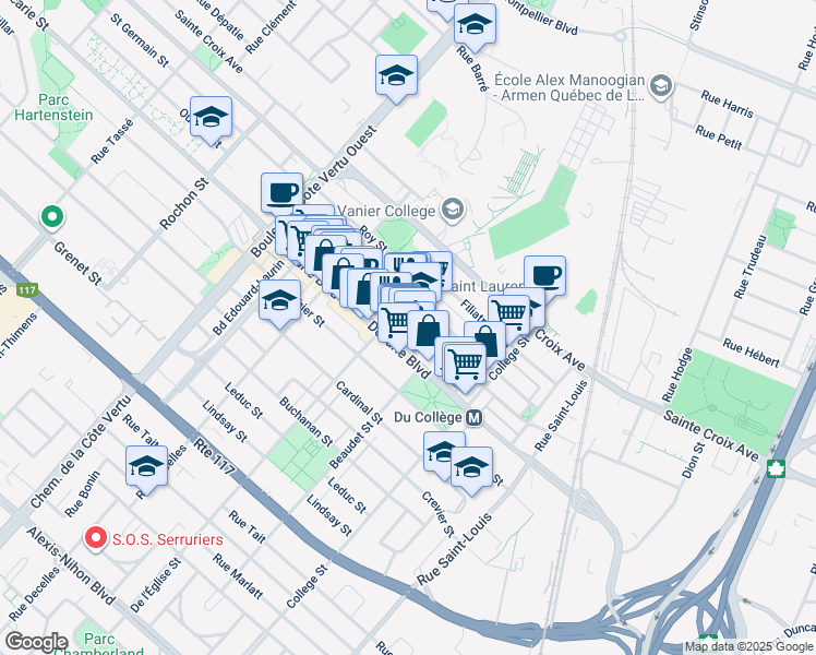 map of restaurants, bars, coffee shops, grocery stores, and more near in Montreal