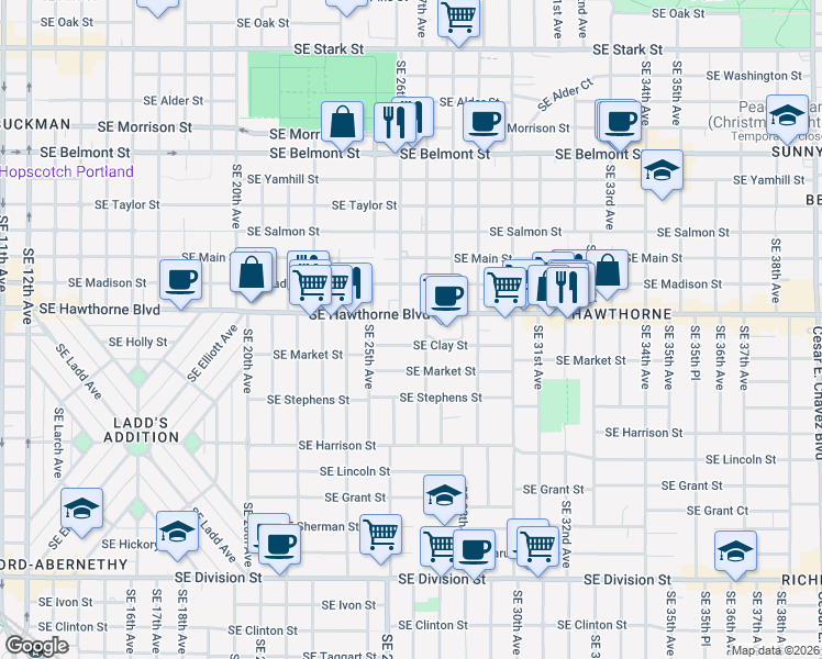 map of restaurants, bars, coffee shops, grocery stores, and more near 2610 Southeast Hawthorne Boulevard in Portland