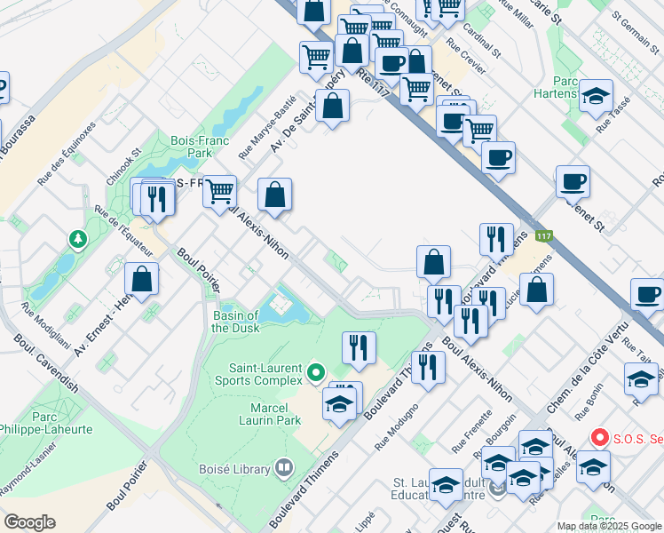 map of restaurants, bars, coffee shops, grocery stores, and more near 1563 Rue de l'Everest in Montreal