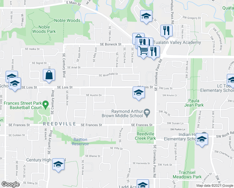 map of restaurants, bars, coffee shops, grocery stores, and more near 7217 Southeast Austin Drive in Hillsboro