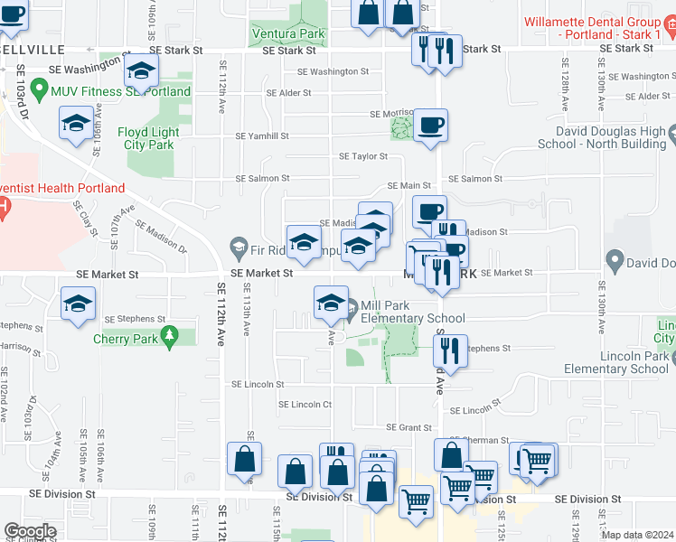 map of restaurants, bars, coffee shops, grocery stores, and more near 11725 Southeast Market Street in Portland