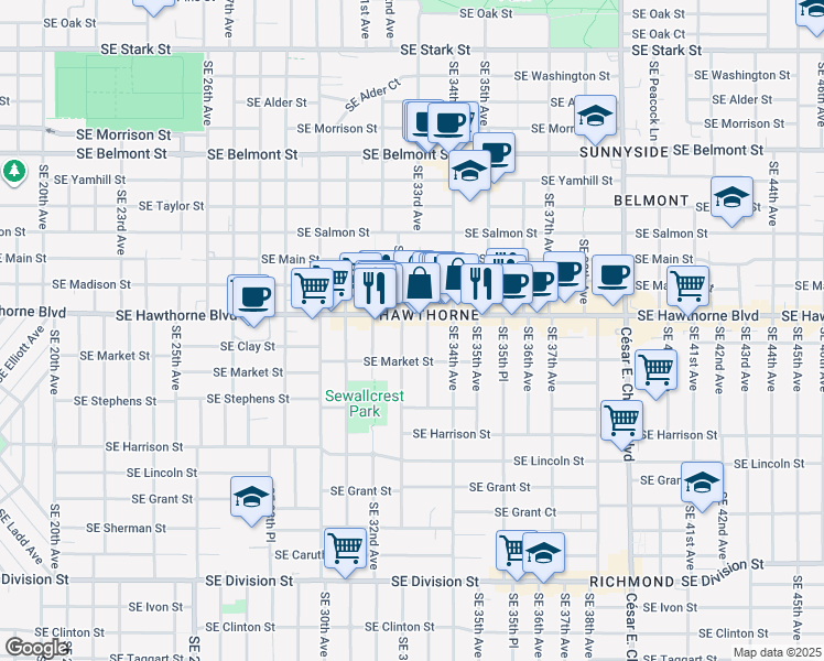 map of restaurants, bars, coffee shops, grocery stores, and more near 1522 Southeast 32nd Place in Portland