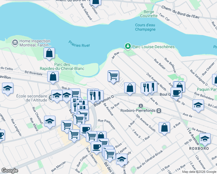 map of restaurants, bars, coffee shops, grocery stores, and more near 11 5e Av Nord in Montréal