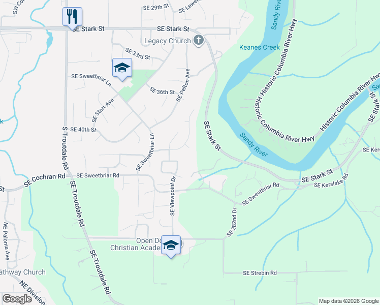 map of restaurants, bars, coffee shops, grocery stores, and more near 4215 Southeast Althaus Circle in Troutdale