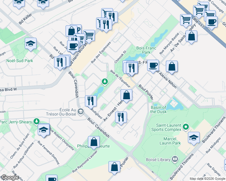 map of restaurants, bars, coffee shops, grocery stores, and more near 2739 Rue de l'Écu in Montréal