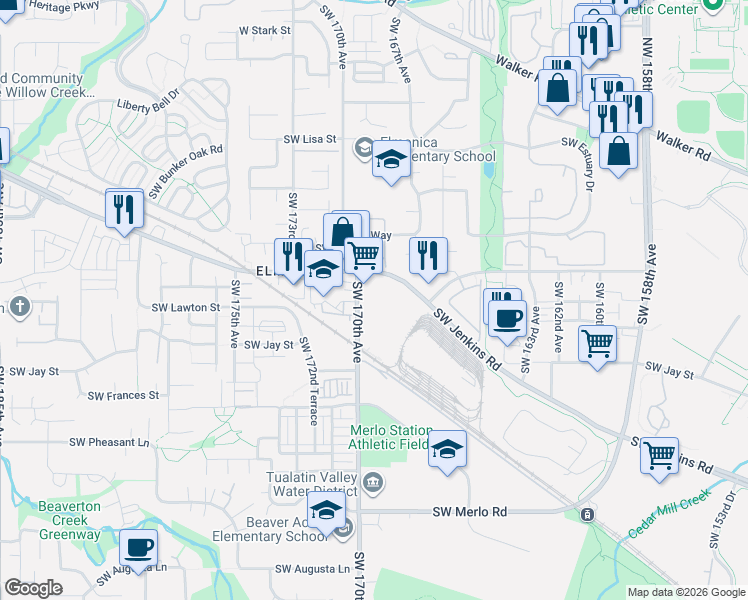 map of restaurants, bars, coffee shops, grocery stores, and more near 1180 Southwest 170th Avenue in Beaverton