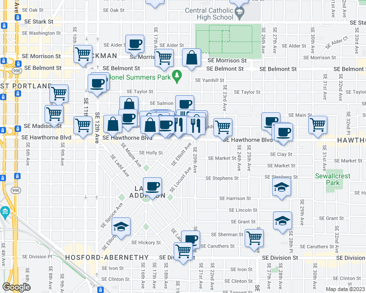 map of restaurants, bars, coffee shops, grocery stores, and more near 1547 Southeast Elliott Avenue in Portland