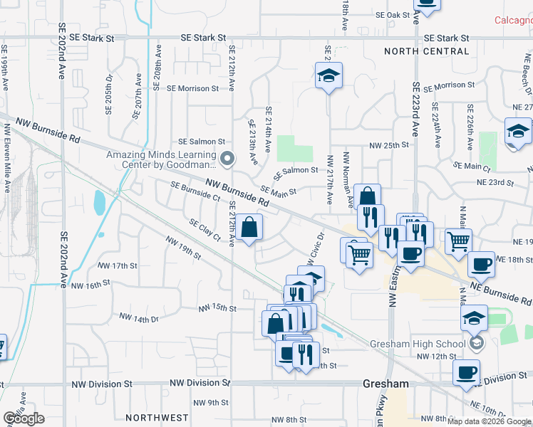 map of restaurants, bars, coffee shops, grocery stores, and more near 1047 Northwest Council Drive in Gresham