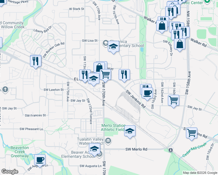 map of restaurants, bars, coffee shops, grocery stores, and more near 1180 Southwest 170th Avenue in Beaverton