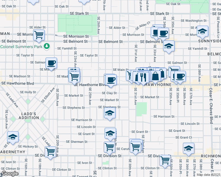 map of restaurants, bars, coffee shops, grocery stores, and more near 2800 Southeast Hawthorne Boulevard in Portland