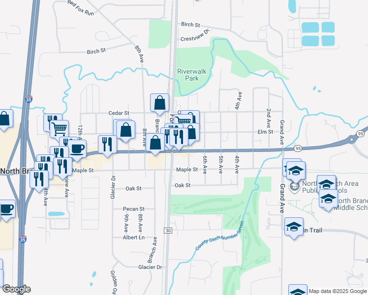 map of restaurants, bars, coffee shops, grocery stores, and more near 6381 Main Street in North Branch