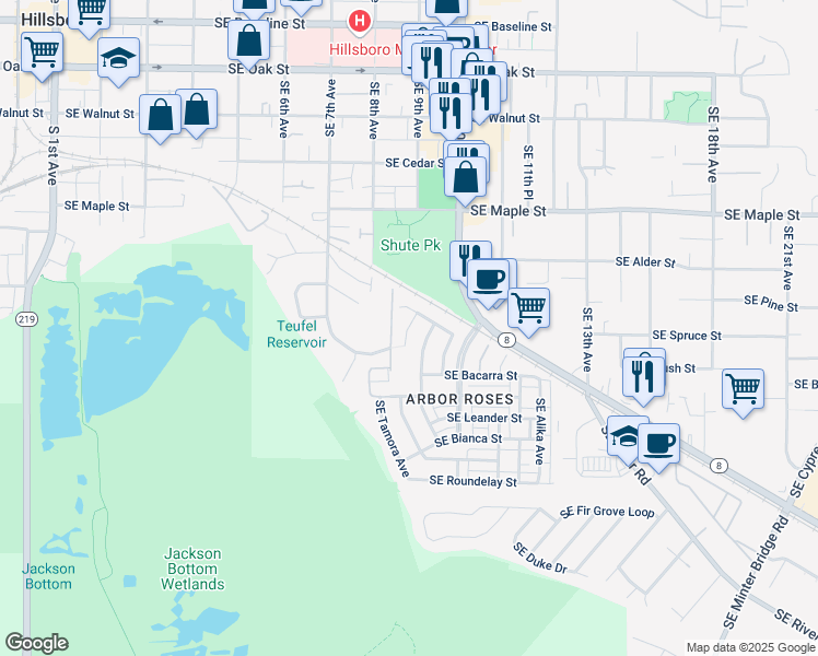 map of restaurants, bars, coffee shops, grocery stores, and more near Southeast Marinette Avenue in Hillsboro