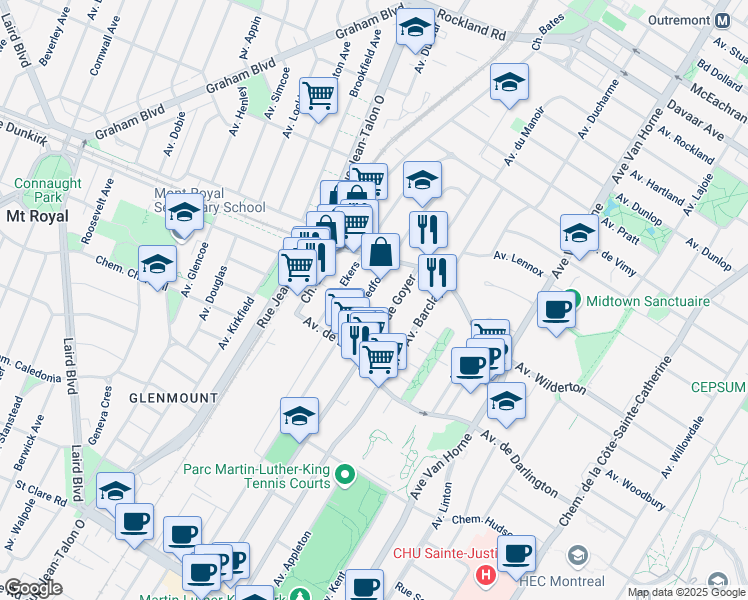 map of restaurants, bars, coffee shops, grocery stores, and more near 2720 Chemin Bedford in Montréal
