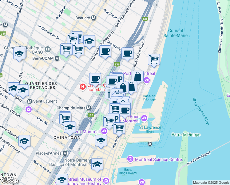 map of restaurants, bars, coffee shops, grocery stores, and more near 756 Rue Berri in Montréal