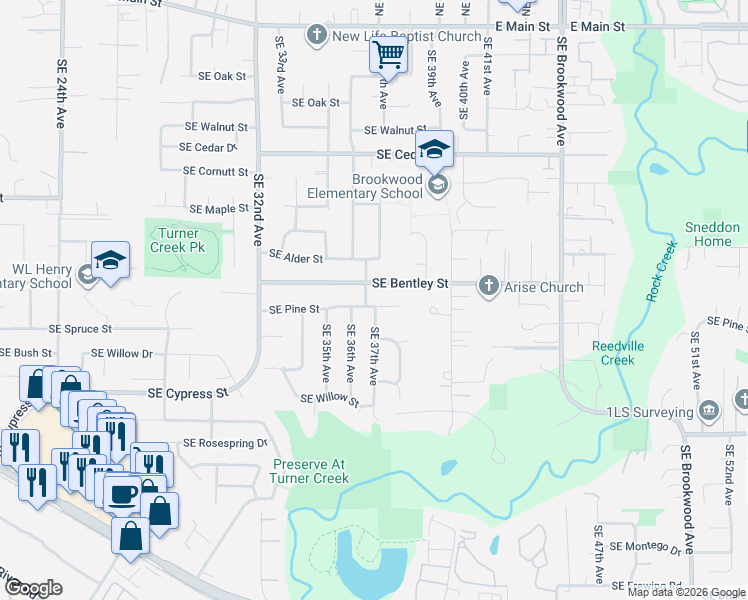 map of restaurants, bars, coffee shops, grocery stores, and more near 3721 Southeast Pine Street in Hillsboro