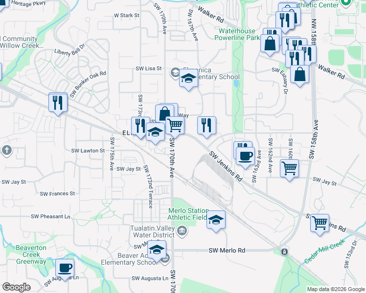 map of restaurants, bars, coffee shops, grocery stores, and more near 1160 Southwest 170th Avenue in Beaverton